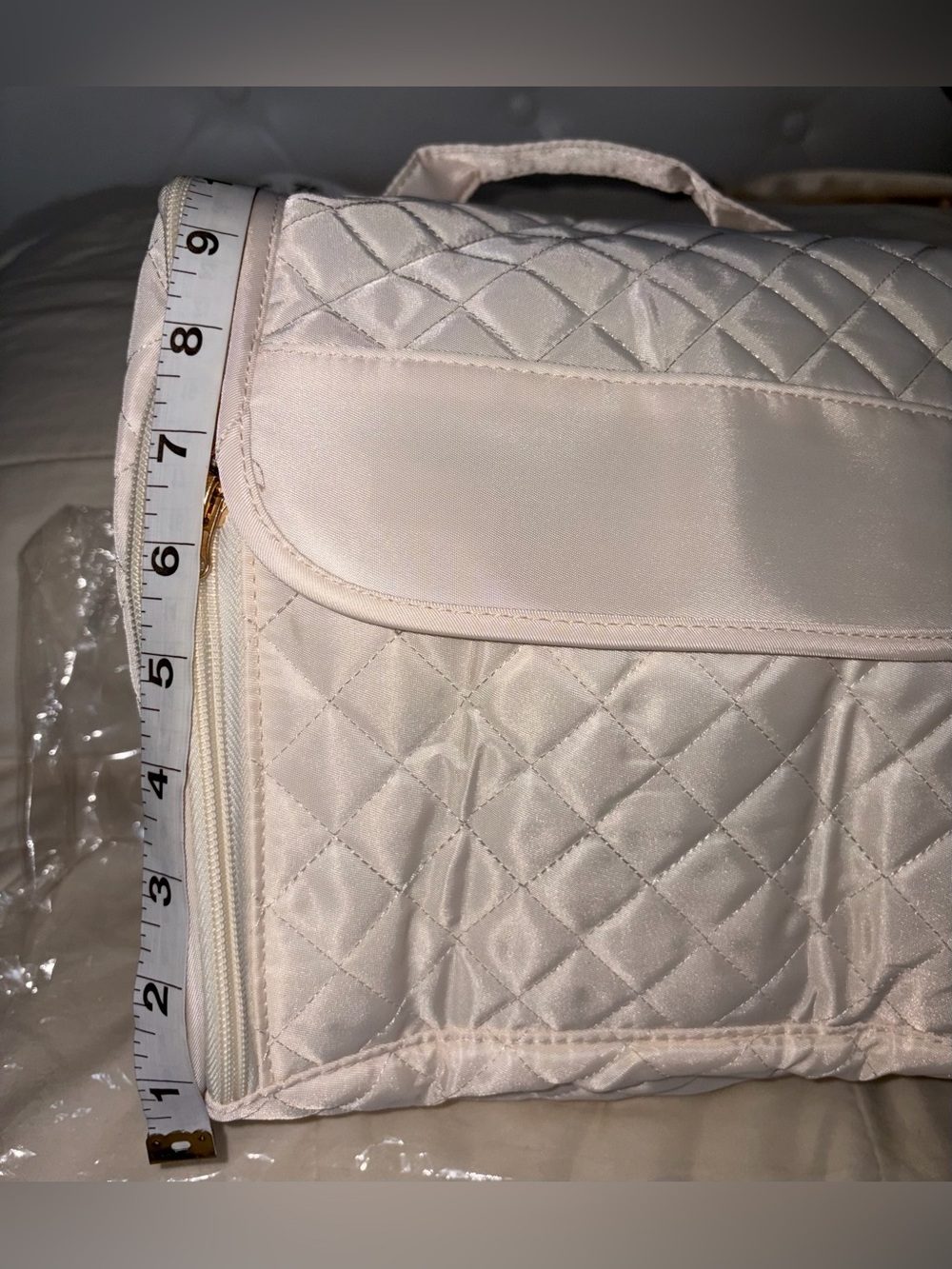 Beige Travel Cosmetic Organizer Bag with Clear Compartments - Picture 7 of 9